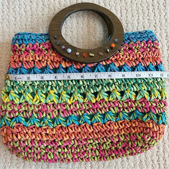 CAPPELLI STRAWORLD Turquoise Crochet Toyo Straw Wooden Grip Satchel Tote Handbag - Picture 11 of 11